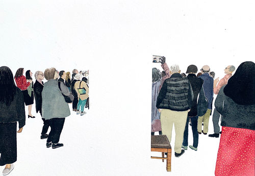 A painting of two crowds of people in a gallery space, divided by a blank wall