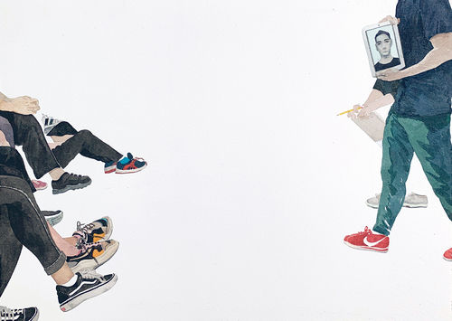 A painting of pairs of crossed legs lined up on the left, with a person holding a screen on the right