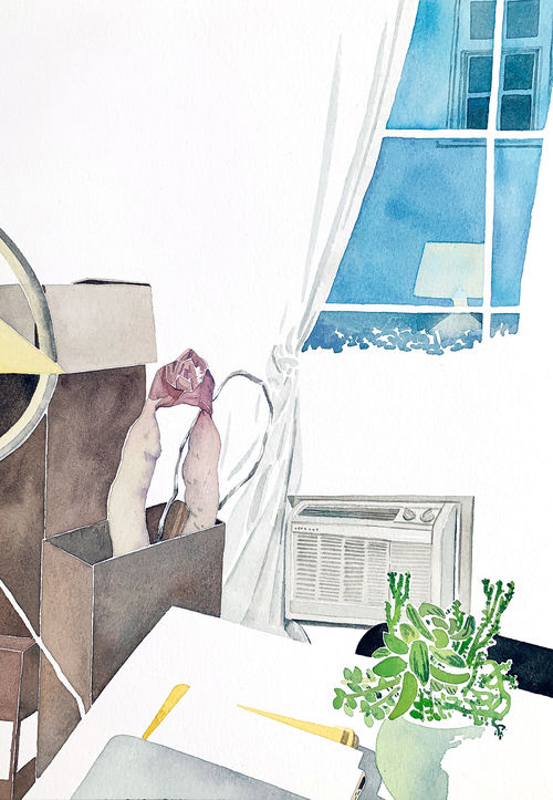 Painting of an interior of an apartment, looking at a plant on a coffee table, some boxes, an air conditioning unit, and a window