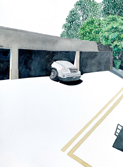 Painting of a car poking out of a garage, flanked by some trees to the right