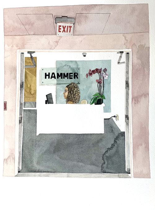 Painting of a woman sitting at a desk with an orchid on it