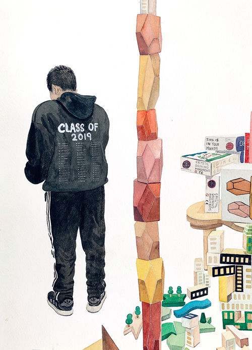 Painting of a man's back, wearing a sweatshirt that reads "Class of 2019", while gift store knickknacks line the foreground
