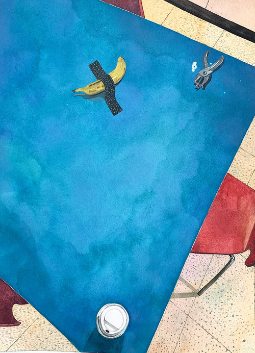 A painting of a blue table, on which a coffee cup, a hole puncher, and a banana covered in a strip of tape lie