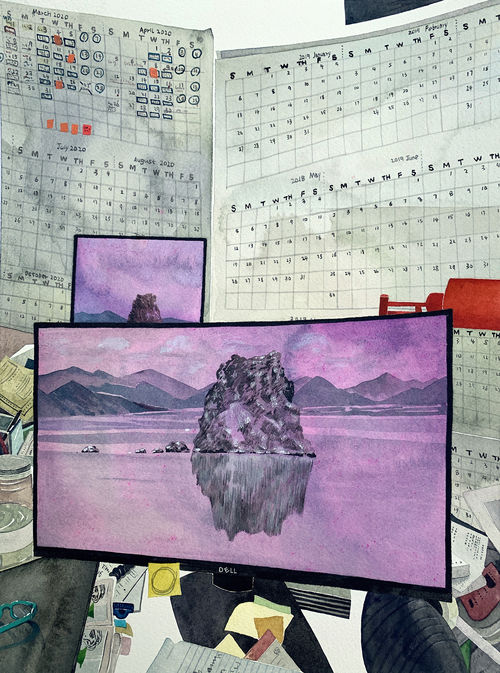 A painting of two desktop monitors with a large calendar hanging behind them