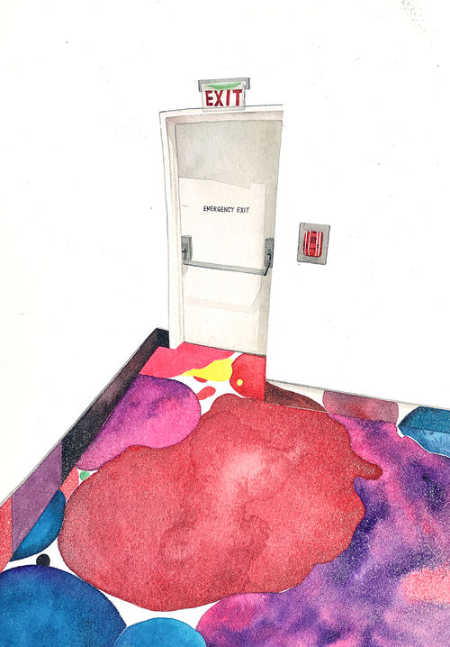 A painting of an emergency exit door near a colorful floor