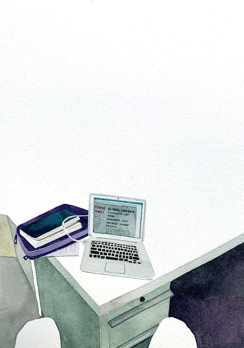 A painting of the corner of a desk, on which lie a laptop and some notebooks