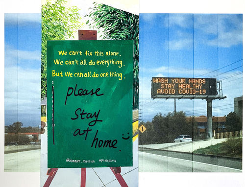 A painting of a green sign reading "please stay home" alongside a highway sign warning about COVID-19