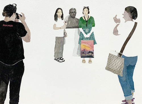 A painting of two people posing before a statue, with two other people taking photos of them