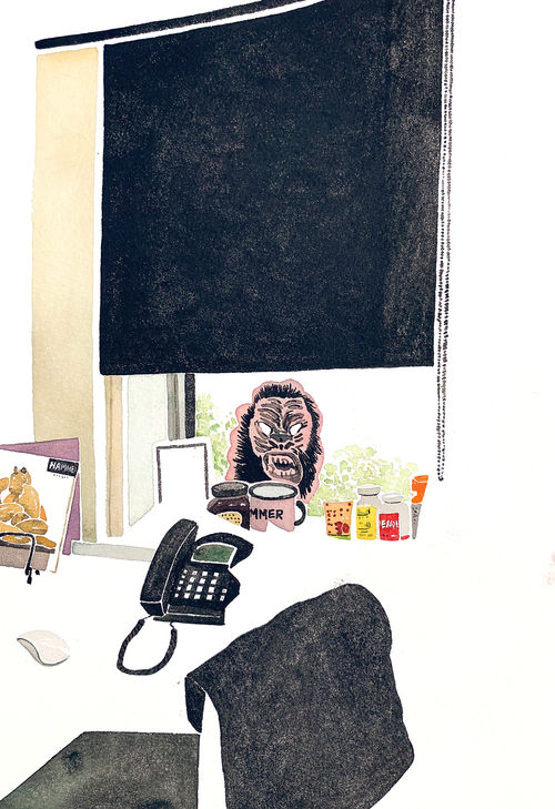 Painting of a window next to a desk, with the shade drawn and a gorilla mask propped against the glass
