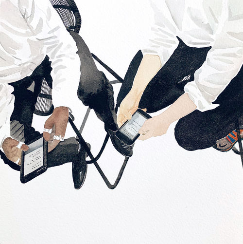 A painting of two people working on tablets from above