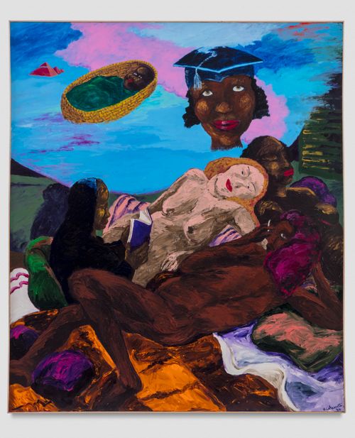 In a colorful painting, a baby in a cradle and a head in a graduation cap float above two bodies lying on the ground looking up at the sky
