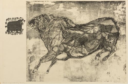 An etching of a small bull meeting a large bull