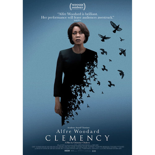 A poster for the film Clemency. A woman in a black dress stands against a blue background. Her dress dissolves info birds on the lower right. 