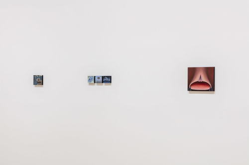 Small paintings hang on a white wall