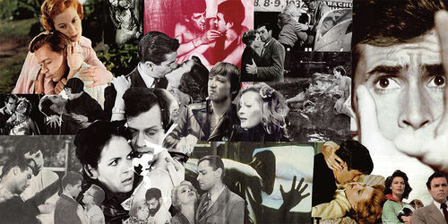 A rectangular panel collaged with many images in black and white and color of men and women. Many seem to be from nid-20th-century movies, and in many, the men and women are embracing.