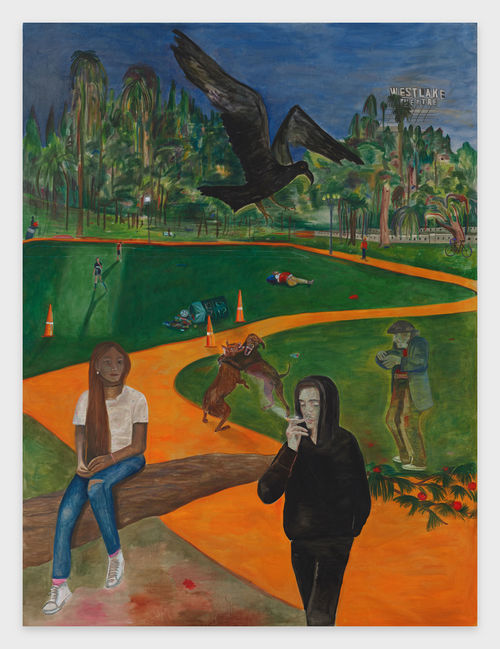 A bright painting of a park with a woman sitting on a tree branch, a man smoking, two dogs fighting in the background, and a black bird hovering overhead
