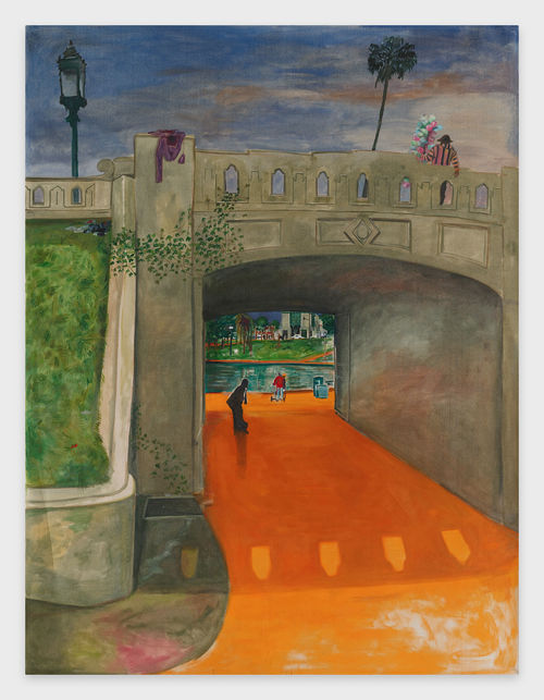 A painting of a concrete bridge over an orange walkway in a park