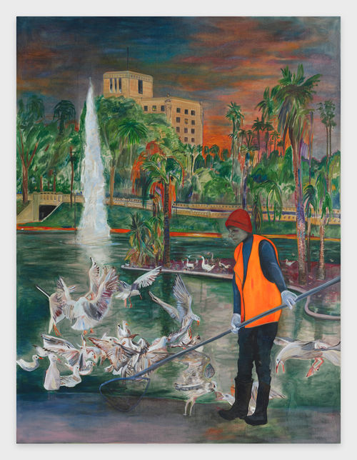A painting of a lake and fountain in a park, with a flock of birds and a parks worker in an orange jacket in the foreground, and palm trees and apartment buildings in the distance