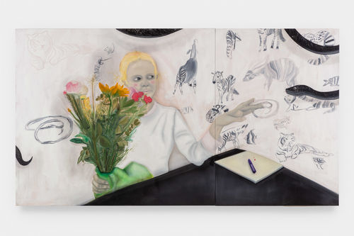 A woman behind a vase of flowers reaches out toward a black snake