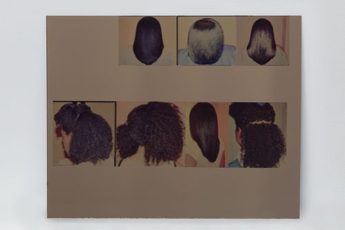 Seven images of the backs of heads on a white rectangular background. The hair on all the heads is long and dark and of varying textures.