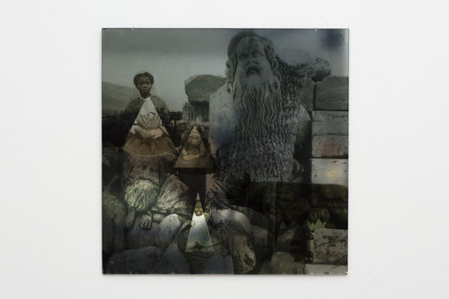 Square image with collage of dark imagery including two women wearing 19th-century dresses, a sculpture of a head of a bearded man with long curls, bricks that look as if they are architectural ruins. Several pieces in the collage are cut into the shape of triangles.