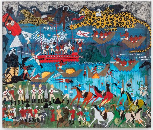 A brightly-colored landscape beside a body of water filled with different figures engaged in various forms of combat