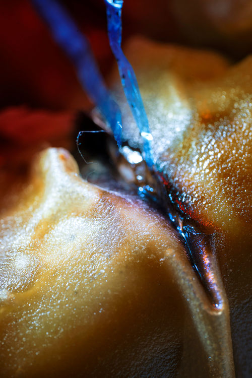 A close-up photograph of yellow material with a blue object oozing out of it
