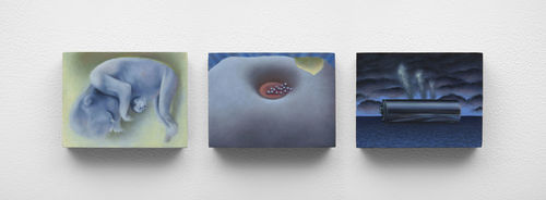 Three blue-hued paintings of a fetus, a mound with a hole, and a battery