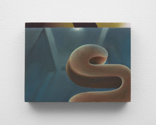 A curved brown shape on a blue background