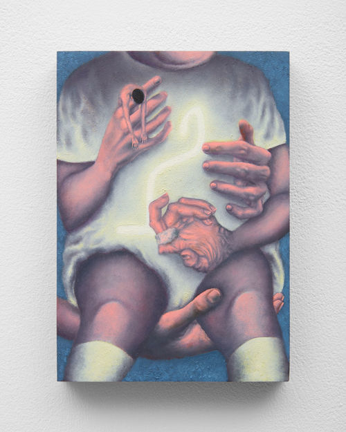 A painting of a child's torso, being held by many withered hands