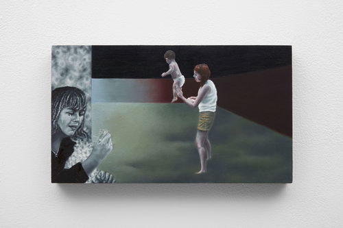 A painting of a woman in black-and-white crying to the left while a woman on the right holds a floating baby