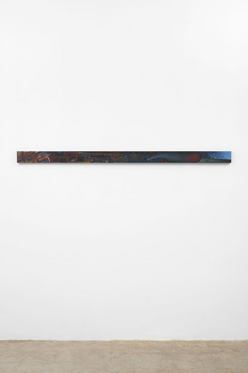 A long, skinny painting of many dark colors hangs on a wall