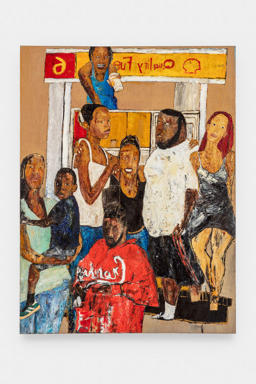 A colorful painting of many people around a gas station pump