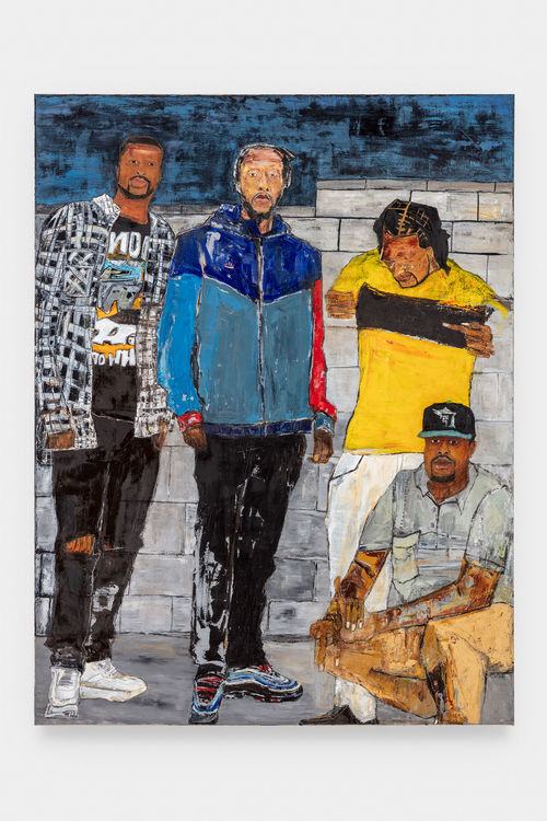 A colorful painting of four men, three standing and one sitting