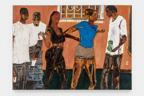 A colorful painting of five figures in front of a building