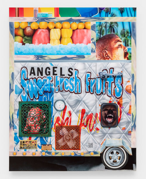 A colorful painting of a fruit cart reading Angel's Sweet Fresh Fruits