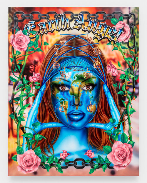 A colorful painting of a woman whose face is the earth, with the words Earth Angel above her head