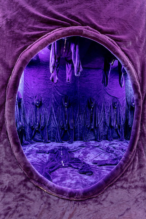 A circular cutout looking to a fuzzy purple room