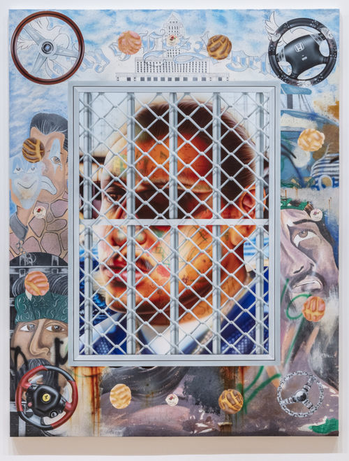 A photograph of a painting rendered in an airbrush aesthetic characteristic of lowrider car culture in Los Angeles.  A man's face occupies the center and majority of the painting. He is behind a steel window with crisscrossing and straight lines. A steering wheel occupies each corner of the painting.