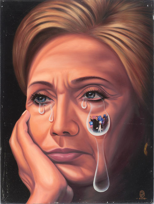 A painting of Hillary Clinton with large tears flowing down her face, with a mini-portrait painted in one of the tears