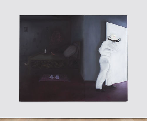 A black and white painting of a man dressed in white leaving a dark room through a white door