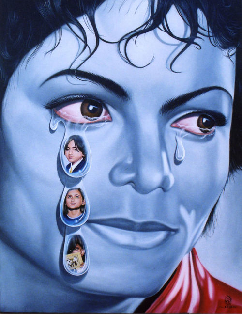 A painting of Michael Jackson's with large tears flowing down his face, with mini-portraits painted in each tear