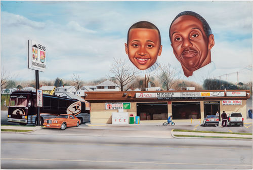 A painting of a market from across the street, with a bus and cars parked outside, and two smiling heads floating above it