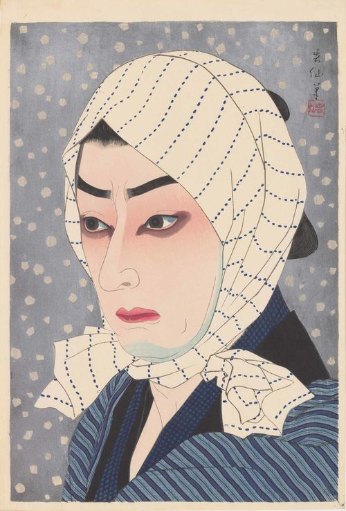 A Japanese woodblock print depicting the bust of a person in 3/4 view, looking to the viewer's left. The person has white skin, red lips, and dark shadows under the eyes, and wears a blue striped piece of fabric over the head and tied under the chin. The figure is wearing a blue striped shirt with black color, and the background is ligh tblue with small white circles as if to depict snow. At upper right is Japanese caligraphy and a red real. 