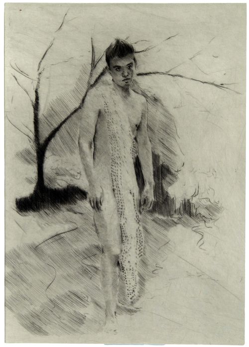 Black and white etching of a standing naked figure with short black hair. A long strip of spotted fabric is draped over their shoulder and nearly reaches the ground. A leafless dark black tree  stands in the background.