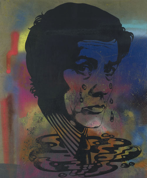 Drawing in black of a person's head, seen from the side with face turned towards viewer. The background is colorful blotches of pant