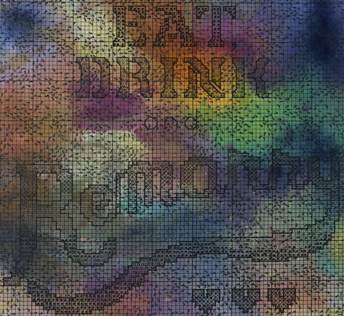 Square image with a colorful background of abstract watercolors, and the words Eat, Drink, Remarry and three heart symbols written in black as if on a cross-stitch pattern.