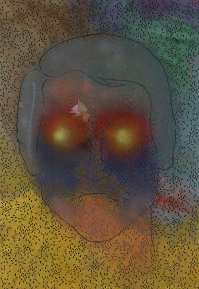 Painting of a blurry head with glowing yellow and red eyes.