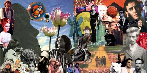 Colorful photocollage of faces actors from film, some in black and white and others in color. The background shows a scky with a large Easter Island sculture, and an image from the film The Wizard of Oz showing the characters walking towards the Emerald City.