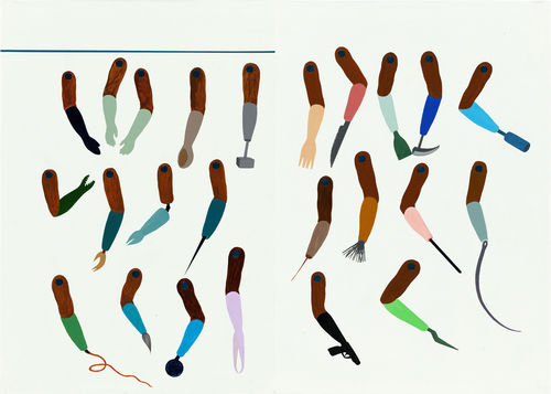 A series of painted colorful arms and appendages against a white background